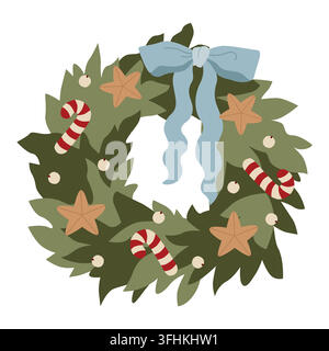 Hand-drawn Christmas decorative floral wreath with bow and mistletoe berries, candy cane and stars, made of pine tree branches Stock Vector