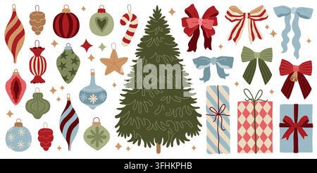 Hand-drawn Christmas tree constructor, pine tree, vintage baubles, festive decorative bows and gifts for creating your own design Stock Vector