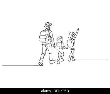 Family on adventure with father daughter and mother walking in a continuous line art drawing with backpacks exploring outdoors Stock Vector