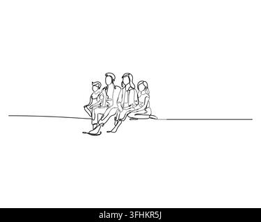 Continuous line art drawing depicts a family of four including two adults and two children sitting together on a single line This minimalist illustrat Stock Vector