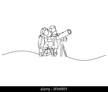 Family together stargazing with a telescope depicting a minimalist continuous line art illustration of parents and child exploring astronomy Stock Vector