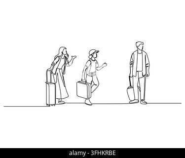 Travel family continuous line art drawing of people walking with luggage This minimalist illustration conveys the concept of vacation journey or depar Stock Vector