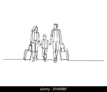 Family walking together with suitcases hand in hand in a continuous one line art drawing style representing travel and togetherness Stock Vector