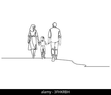 Family walking together holding hands in a minimalist continuous one line art drawing symbolizing togetherness and family bonding Stock Vector