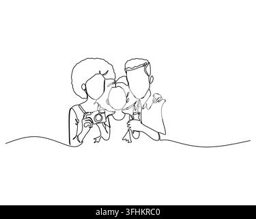 Family enjoying a vacation moment with a continuous line art drawing of parents and child taking a photo depicting happiness and togetherness Stock Vector