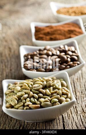 Green, roasted, ground and instant coffee Stock Photo