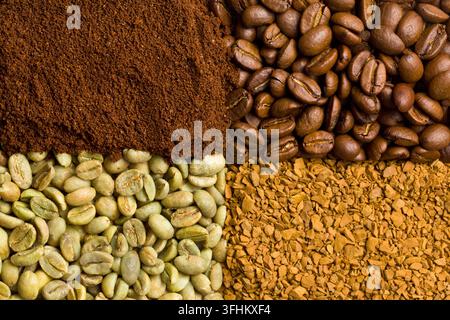 Green, roasted, ground and instant coffee Stock Photo