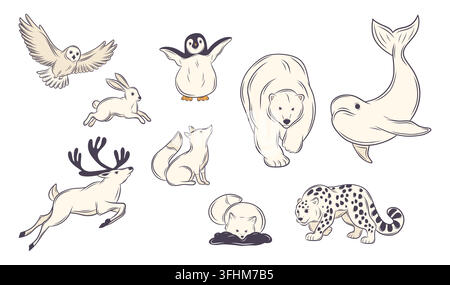 Vector set of winter animals in hand drawn outline style Stock Vector