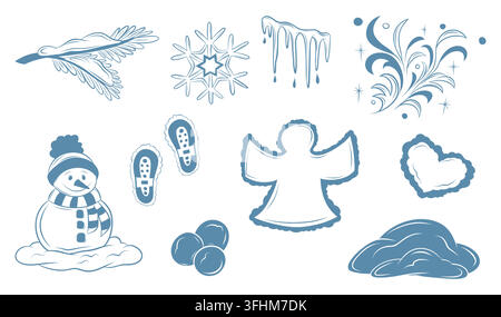 Vector set of winter elements with snowman, snowflake and icicle Stock Vector