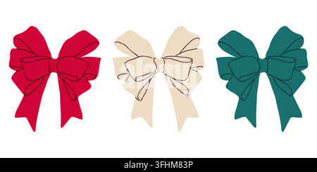 Classic colorful Christmas gift bows hand drawn vector set for holiday wrapping paper and banner design Stock Vector