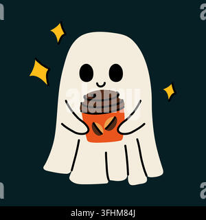 Cute Halloween ghost holding coffee cup hand drawn vector icon for sticker design Stock Vector