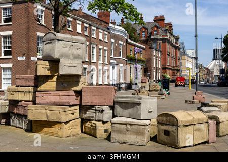 The public art installation "A Case History" by John King, featuring concrete suitcases on Hope Street representing notable local figures on May 27, 2 Stock Photo