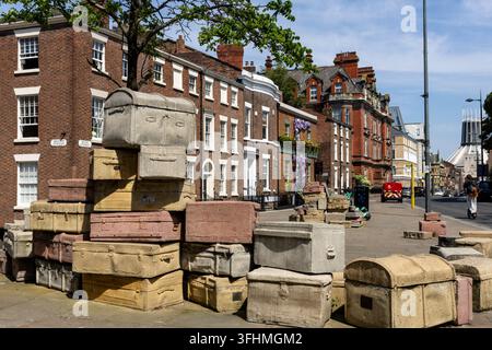The public art installation "A Case History" by John King, featuring concrete suitcases on Hope Street representing notable local figures on May 27, 2 Stock Photo