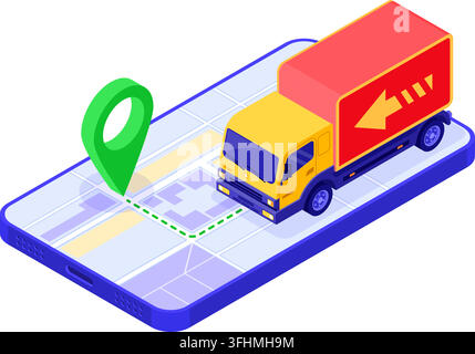 fast and free online food order and package delivery service. fast package shipping. isometric truck shipping. tracking online order on phone. isometr Stock Vector