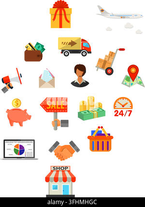 Online Shopping Infographics with flat icons on theme of retail sales marketing, delivery of goods, such as megaphone, shop, technical support, piggy Stock Vector