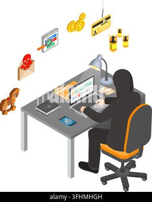 Hacker sitting table and hacking data through Internet on laptop. Internet Security isometric Concept with Flat Icons Hacker, Virus and Spam. Stock Vector