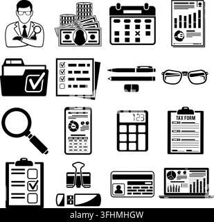 Set Auditing, Tax process calculation, Business Accounting icons in flat style. Calculator, Magnifying Glass, Auditor, financial reports and Tax form. Stock Vector