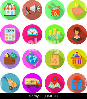 Internet Shopping, Delivery and Cargo Detailed Flat Icon Set for e-commerce with money, truck, gift symbols on colored circles with Long Shadows. Vect Stock Vector