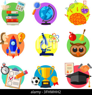 Education Flat Icon Set for Flyer, Poster, Web Site Like mortarboard, books, brain and trophy Stock Vector