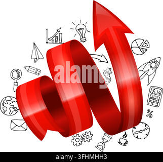 Red Ribbon Spiral Arrow with Business Icons, vector isolated on white background Stock Vector