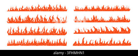 Horizontal dynamic flame border divider, hand drawn crayon scribble texture set. Hot burning campfire silhouettes create striking decorative footer. Collage sketch designs and retro illustrations. Vector illustration Stock Vector