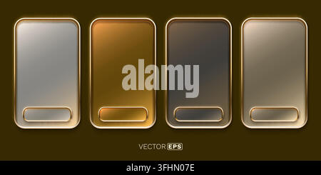 Four elegant metallic frames with golden glowing borders and interactive buttons. Vector illustration Stock Vector