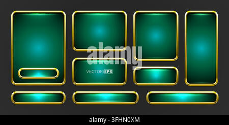 Shiny green and gold frames. Elegant UI buttons and banners. Modern elements for luxury interfaces. Vector illustration. Stock Vector