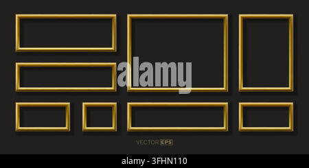 Variety of golden frames on a dark background. A luxurious empty picture frame set for elegant display. Vector illustration. Stock Vector