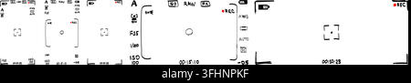 Smartphone, DSLR camera rec overlay pack in hand drawn doodle style isolated. 16:9 and 21:9 recorder cam display. Video or photo recording screen. Vie Stock Vector