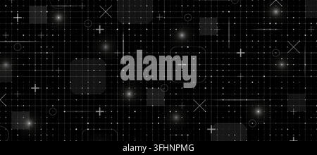 Black and white fui HUD grid background. Hi tech GUI digital dashboard interface. Futuristic VR game ai screen. Mesh pattern in blueprint style. Vecto Stock Vector