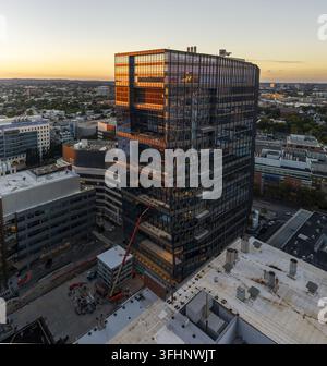 Aerial view of Kendall Square construction site with a yellow tower ...