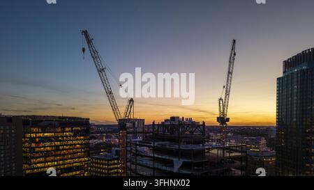Aerial view of Kendall Square construction site with a yellow tower ...