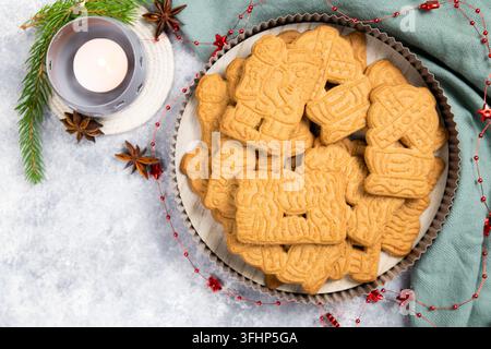 Spekulatius cookies or biscuits, spiced gingerbread with cinnamon, clove and cardamom, traditional christmas holiday pastry, homemade baking Stock Photo