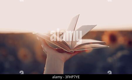 Woman flips through pages of old paper book on sunset background in sunflowers field. Aesthetics scene. Education, science, natu Stock Photo