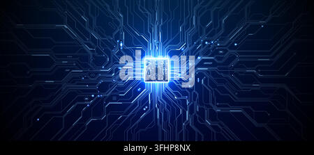 AI circuit board with glowing microchip processor, showcasing semiconductor technology and digital data pathways in futuristic blue light design. Stock Vector