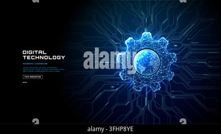 Digital globe with glowing circuit networks and abstract world map connections on dark tech background. Technology futuristic vector illustration. Stock Vector