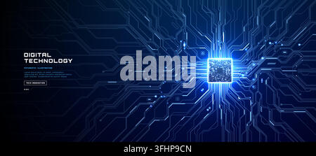 Futuristic motherboard with glowing microchip elements, quantum computing patterns, and electronic network connections on dark technological surface Stock Vector