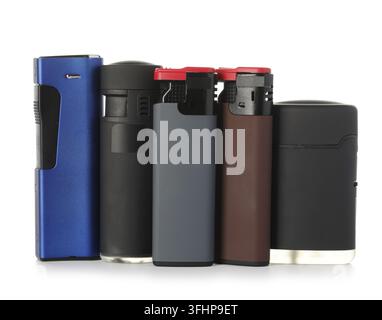 Many different gas lighters isolated on white Stock Photo