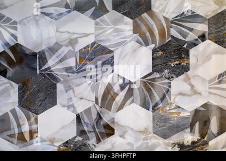 Decorative Hexagonal Marble Tile Mosaic Pattern. Close-up of hexagonal marble-look tiles in white, gray, black and beige with veining, leaf motifs and Stock Photo
