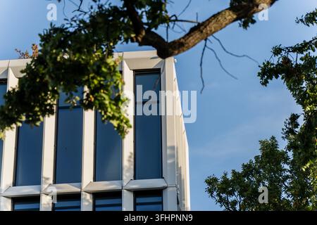 Modern building facade features tall glazed windows divided by projecting vertical panels, illustrating architectural envelope design and exterior bui Stock Photo