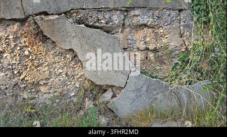 Large section of a broken and neglected concrete retaining wall crumbling into the ground, revealing internal stone aggregate with common ivy growing Stock Photo