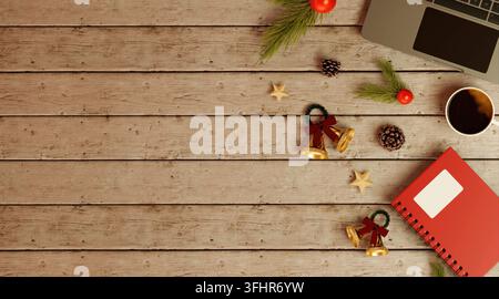 A 3D render of a holiday-themed workspace showcasing a laptop, coffee cup, and festive decorations on a wooden desk, blending productivity with season Stock Photo