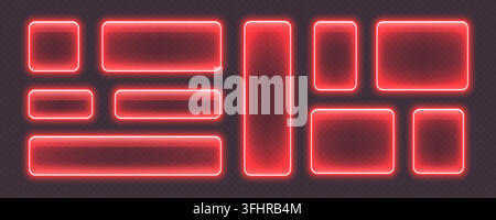 Glossy neon buttons, glowing glass banners in red color. Stock Vector