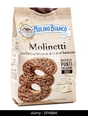 Barilla Mulino Bianco Molinetti, pack of biscuits, Italian product on a white background Stock Photo