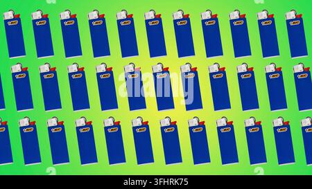 BIC blue lighter pattern on green and yellow color gradient background, illustrative editorial Stock Photo
