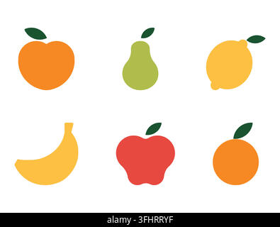 Minimalist fruit icon set with peach, pear, lemon, banana, apple and orange. Flat vector isolated illustration on white background Stock Vector
