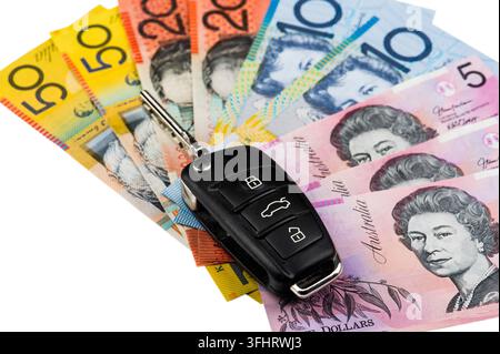 Australian dollar with international driving license, travel arrangements, car keys, Australia Stock Photo