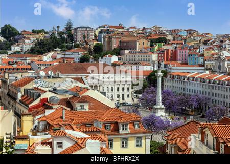 Rossio, central square in the historic city center of Baixa with monument to King Pedro IV, Lisbon, Portugal, Lisbon, Portugal Stock Photo