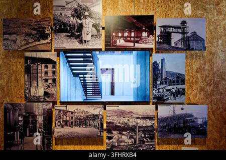 Wall with a collage of historical photographs in black and white showing various scenes, Fabrica Azucarera Nuestra Senora del Pilar, Museo del Azuc Stock Photo