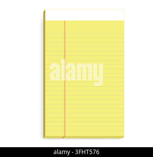 yellow junior legal pad shows gray rules double red margin blank header and raised shadow. Suitable for office writing school notes printable forms stationery layouts organization projects Stock Vector